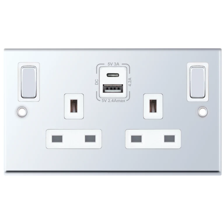 Selectric 7MPRO-386 7M-PRO 2 Gang 13A Switched SP Socket Outlet (Outboard Rockers) + 2 Earth Terminal with 1x USB Type-A (2.4A) & 1x USB Type-C (3A) - Polished Chrome, White Insert - Image 2