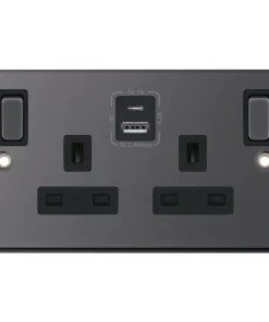 Selectric DSL486 5M 2 Gang 13A Switched SP Socket Outlet (Outboard Rockers) + 2 Earth Terminal with 1x USB Type-A (2.4A) & 1x USB Type-C (3A) - Black Nickel, Black Insert