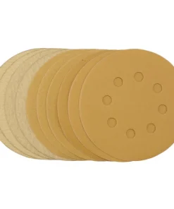 Draper Tools Gold Sanding Discs With Hook & Loop, 125mm, Assorted Grit - 120G, 180G, 240G, 320G, 400G, 8 Dust Extraction Holes (Pack Of 10)