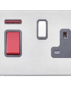 Hamilton 7G2445SS1SS-QG Hartland G2 Screwless 45A DP Switch with 13A Switched Socket & Neon (Red Rocker) - Satin Stainless, Quartz Grey Insert
