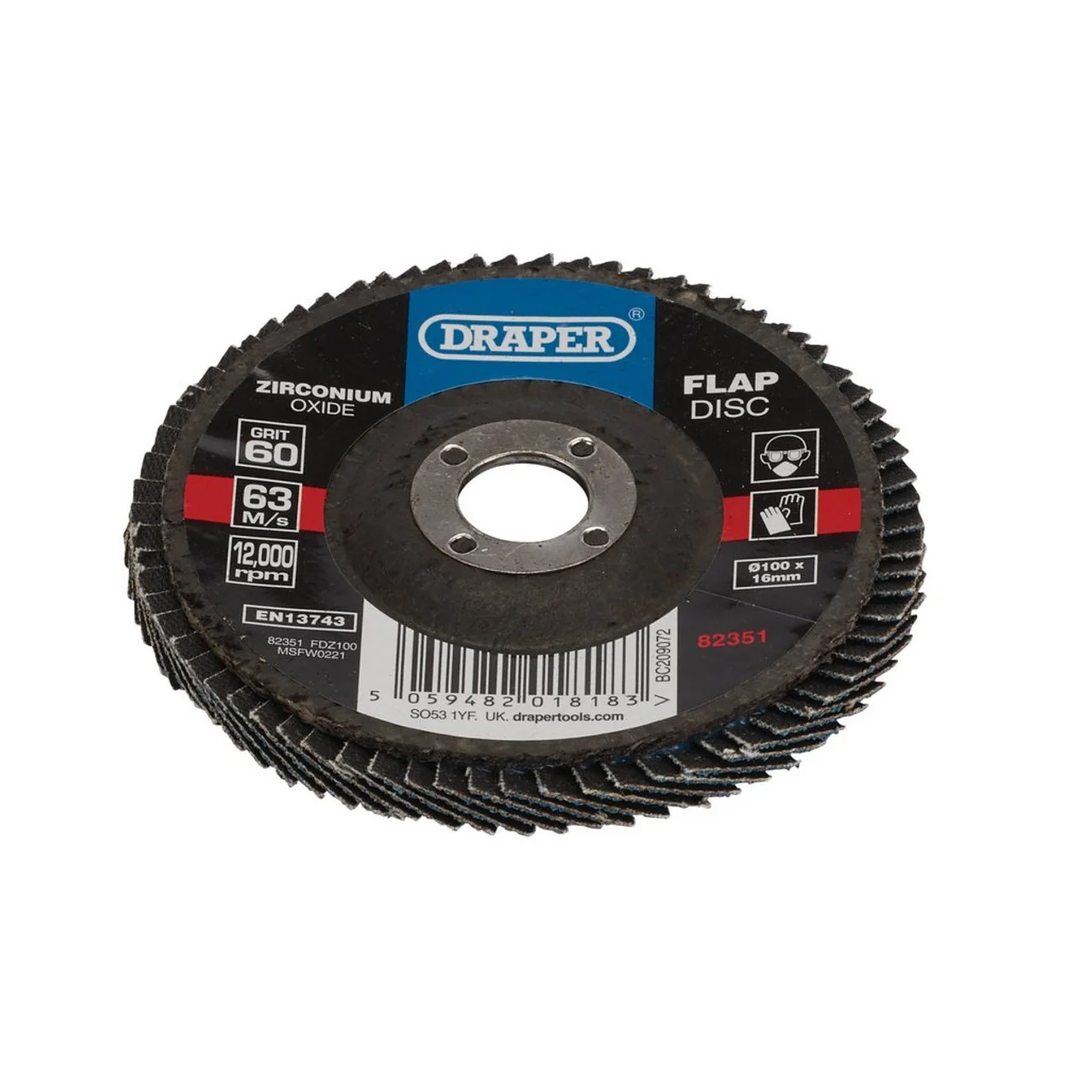 Draper Tools Zirconium Oxide Flap Disc, 100 x 16mm, 60 Grit - Image 2