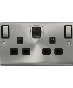 Click Deco Plus DPSC596BK 'Ingot' 13A 2 Gang Switched Safety Shutter Socket with Twin Type C USB (4.2A) - Satin Chrome (Black)
