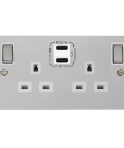 Click Define FPCH596WH Flat Plate 'Ingot' 13A 2 Gang Switched Safety Shutter Socket with Twin Type C USB (4.2A) - Polished Chrome (White)
