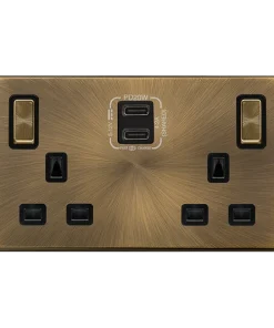 Alternative view of Click Definity Complete SFAB596BK 'Ingot' 13A 2 Gang Switched Safety Shutter Socket with Twin Type C USB (4.2A) - Antique Brass - Black Inserts