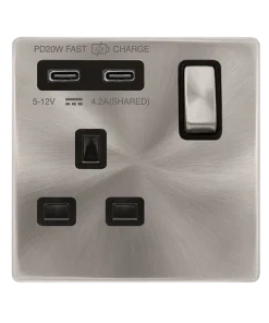 Click Definity Complete SFBS595BK 'Ingot' 13A 1 Gang Switched Safety Shutter Socket with Twin Type C USB (4.2A) - Brushed Stainless - Black Inserts