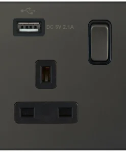 Selectric 5MPLUS-12-60 5M-PLUS Screwless 1 Gang 13A Switched Socket Outlet with 1x USB Type-A (2.1A) - Dark Bronze, Black Insert