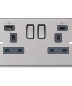 Alternative view of Selectric 7MPRO-763 7M-PRO 2 Gang 13A Switched Socket Outlet with 1x USB Type-A (2.4A) & 1x USB Type-C (3A) - Satin Chrome, Grey Insert