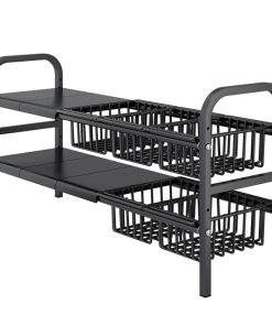 2 Tier Stretchable Under Sink Organizer Cabinet Shelf Organizer with 5 Removable Panels and 5 Under Shelf Baskets RS-NV