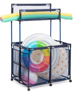 Swimming Pool Storage Cart Rolling Mesh Bins with Side Pockets Toy Storage Organizer with Top Shelf