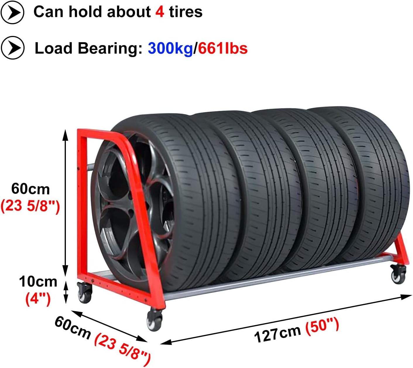 Tire Rack Rolling 4 Wheels Storage Display Red Tyre Stand - Image 4